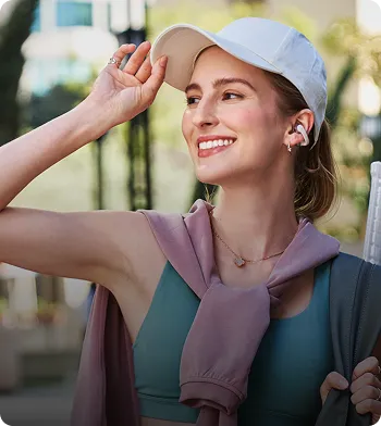 Open earbuds for commute with secure, hygienic fit.